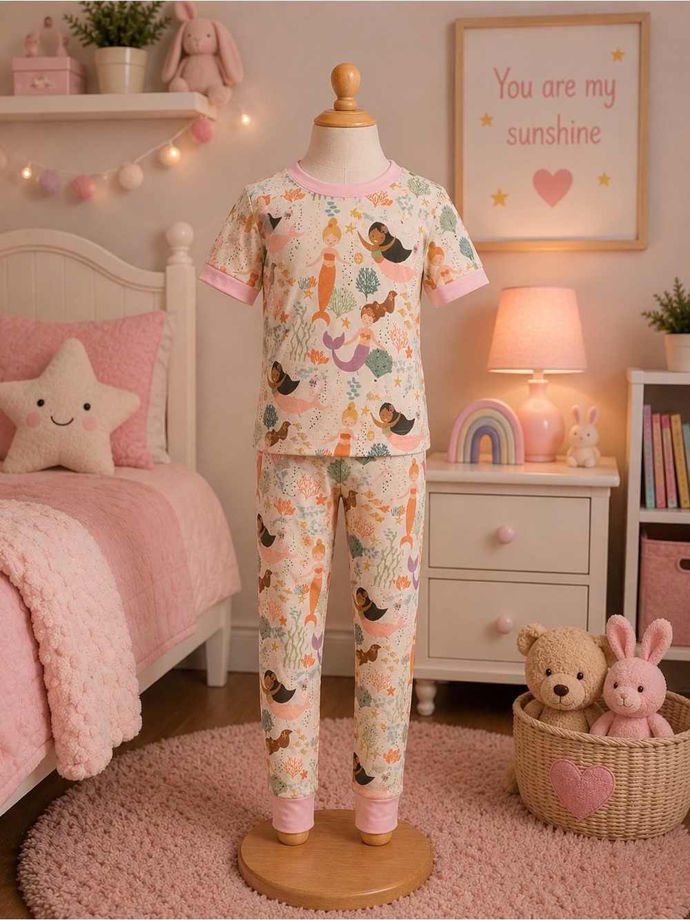 Emerson and Friends Mermaid Bamboo Pajama Set Toddler Girls 3T Pink Ocean